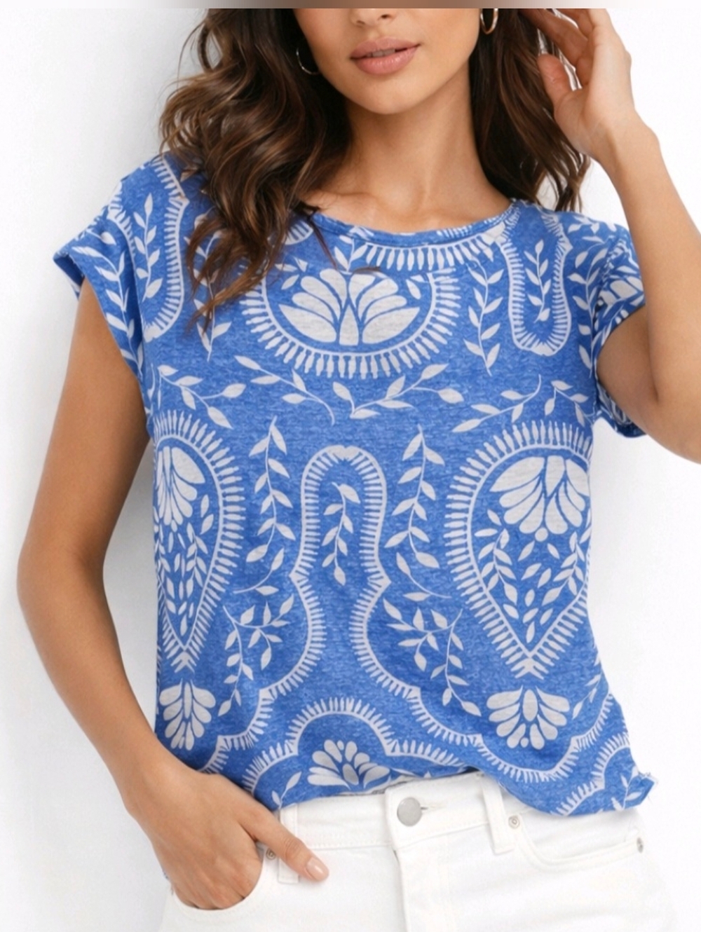 Joie Shirt Blue & White Floral Paisley 100% Linen Size M
